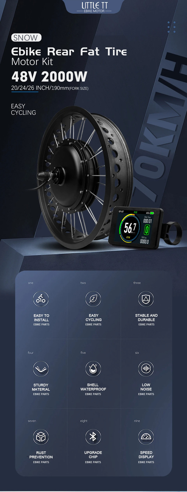 48V 2000W Snow E-bike Fat 20 24 26inch Brushless Non-gear Rear Hub Motor Wheel