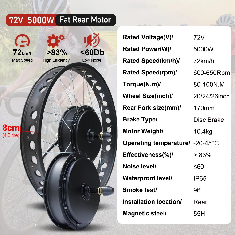 72V 5000W Snow Electric Fat Bike 20/24/26inch Brushless Rear Hub Motor Wheel