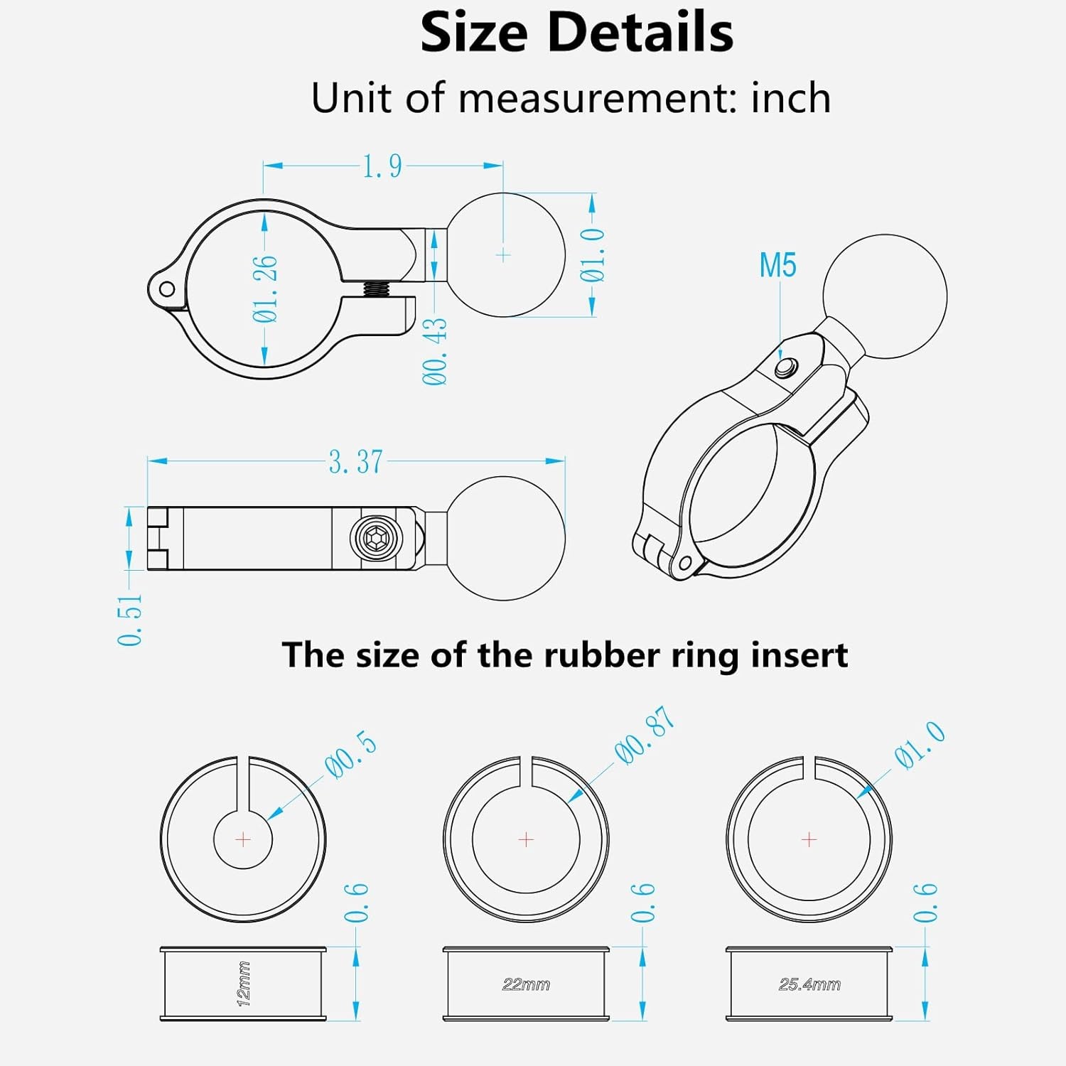 Aluminum Alloy Handlebar Mount Base w/1” TPU Ball for Round Rail Diameter 0.5”