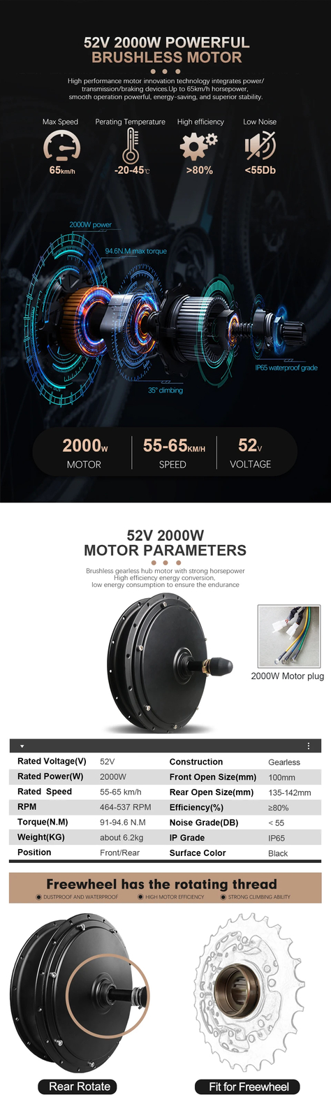 52V 2000W Electric Bicycle Conversion Kit Brushless Rear Rotate Hub Motor Wheel