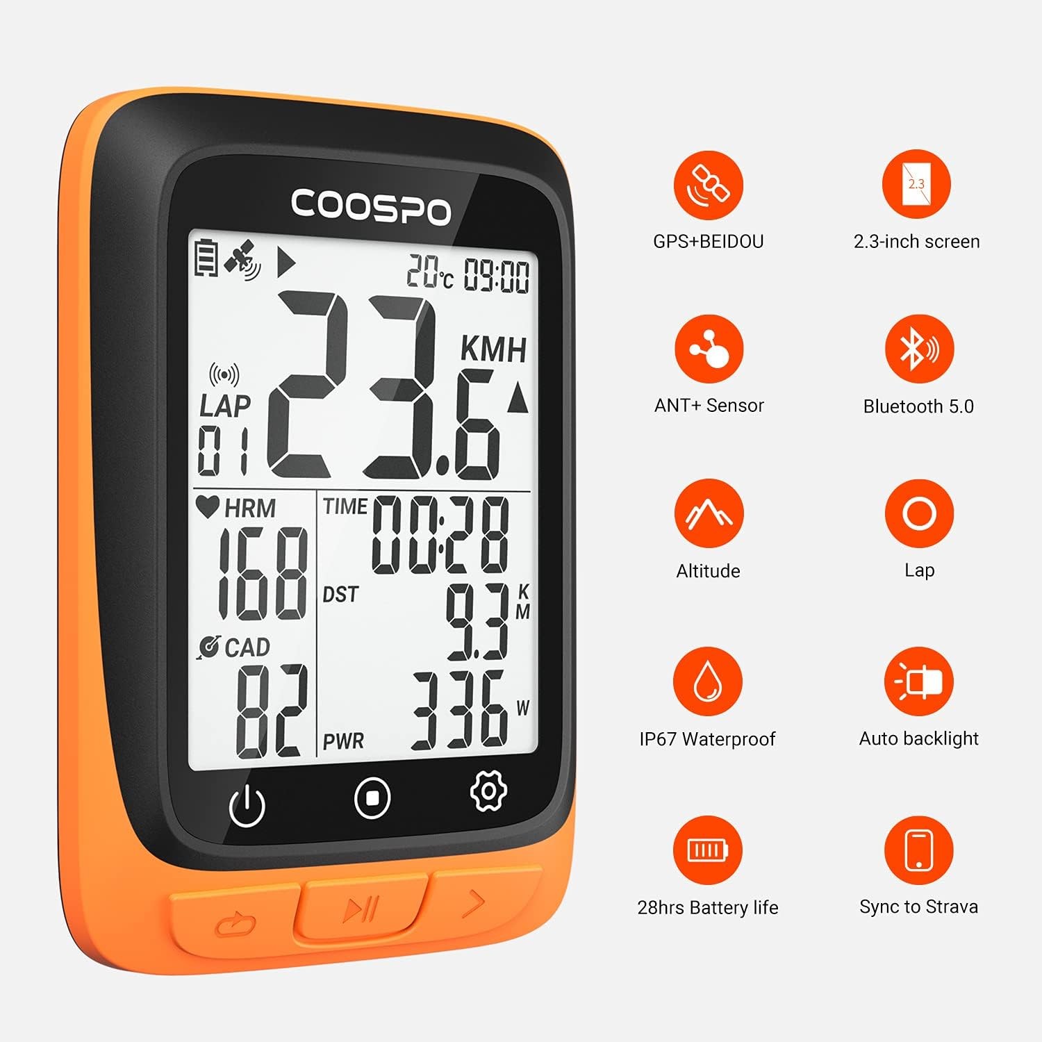 COOSPO Bike Computer Wireless GPS, Cycling GPS Tracker Orange