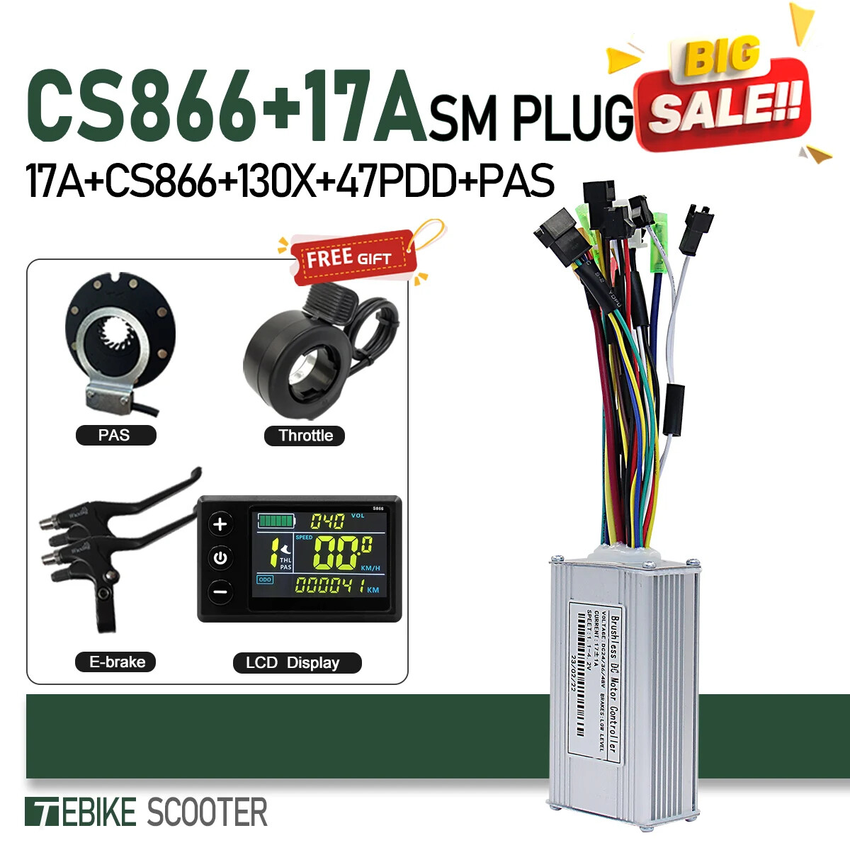 Ebike 3-Mode Sine Wave 17A26A30A40A Controller+Color LCD S866 GD02 Display Set
