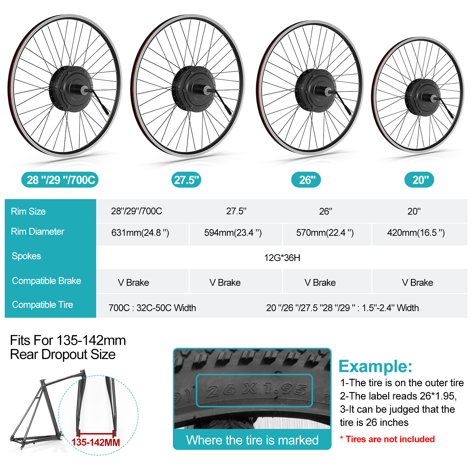 48V 500W Electric Bicycle 26″ 27.5″ 700C Rear Wheel Motor E-bike Conversion Kit