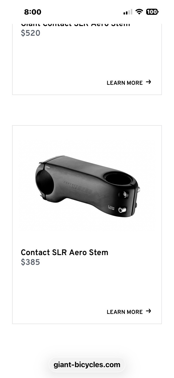 Giant Contact SLR Aero Stem 110mm New Bike Takeoff