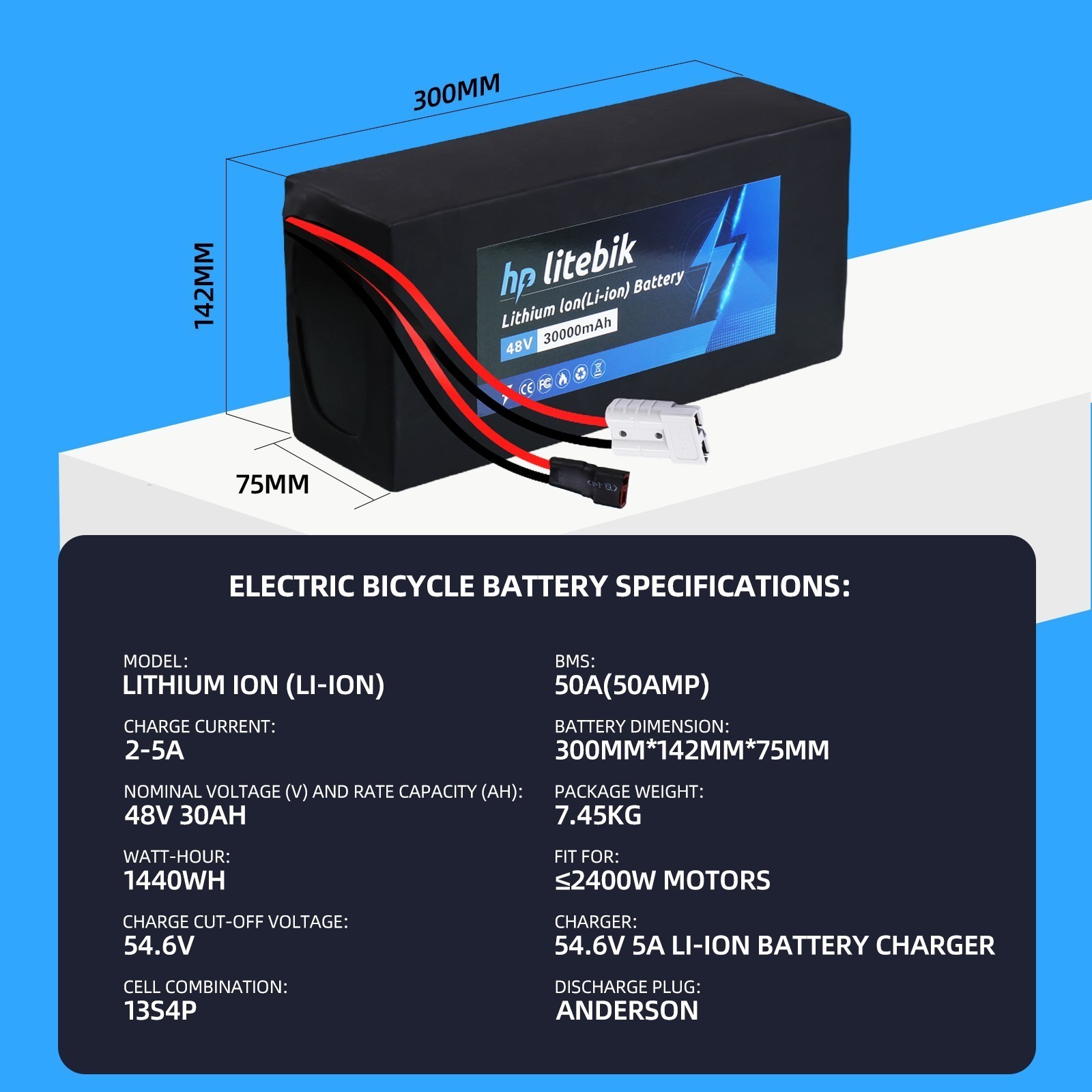 48V/52V/60V/72V Ebike Battery 20Ah/30Ah Lithium for Electric bicycle 2400W-3600W