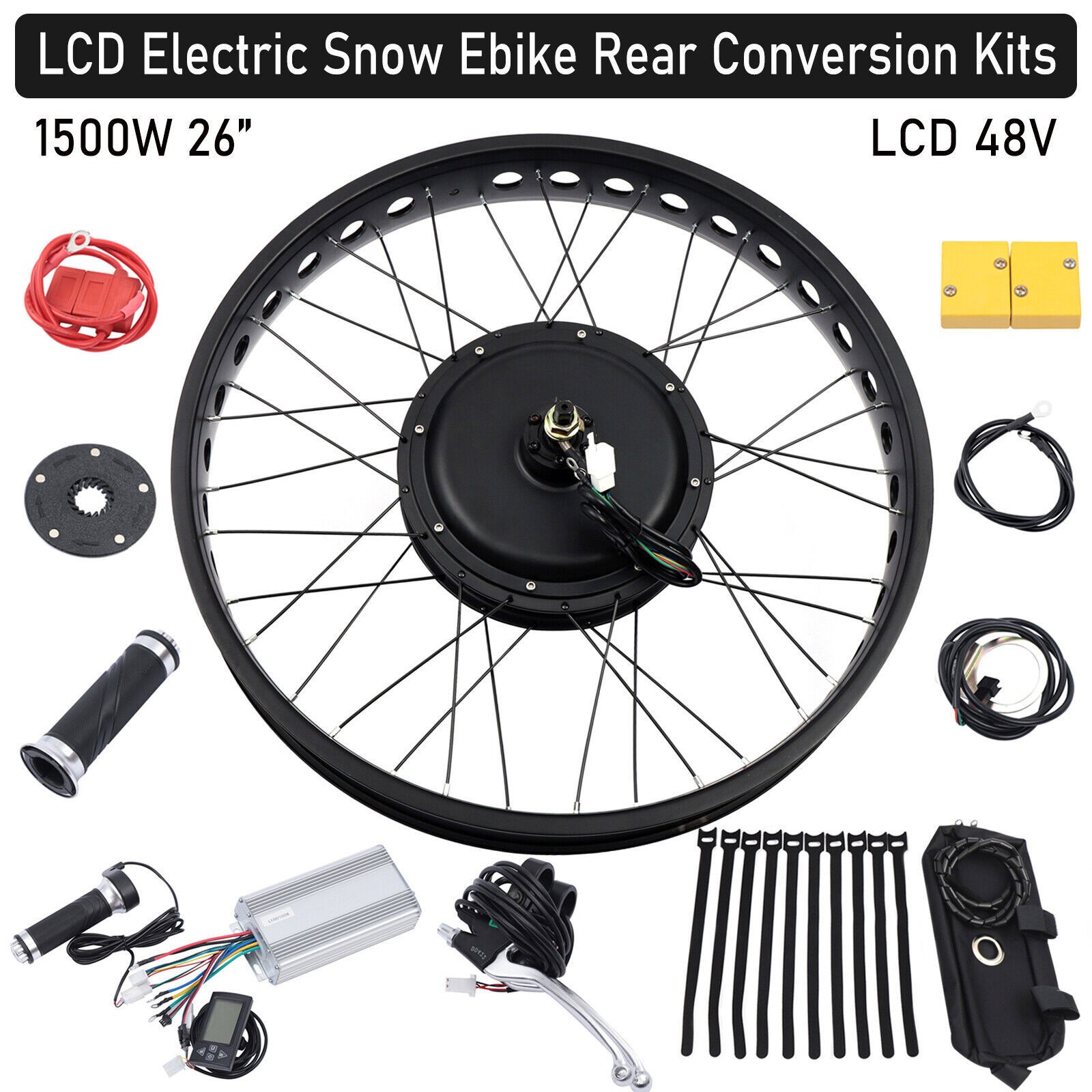 26″ 48V 1500W E bike Fat Tire Bicycle Rear Hub Motor Conversion Snow Wheel Kit