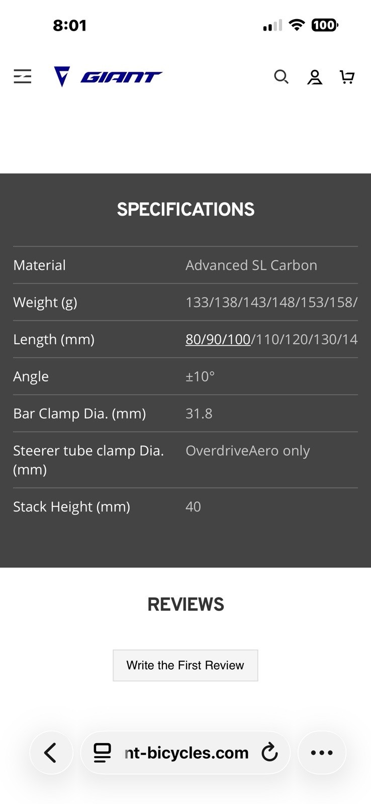 Giant Contact SLR Aero Stem 110mm New Bike Takeoff