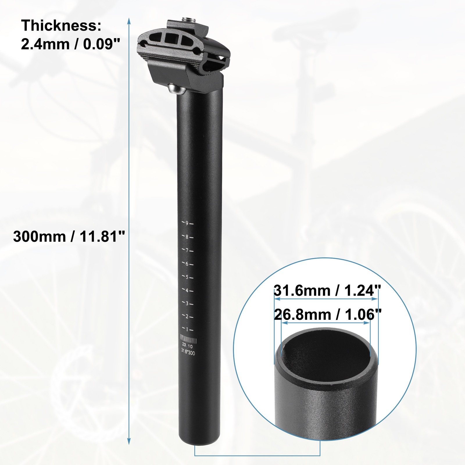 Universal 31.6x300mm Bike Seat Post Bicycle Mountain Bike Black Pack of 1