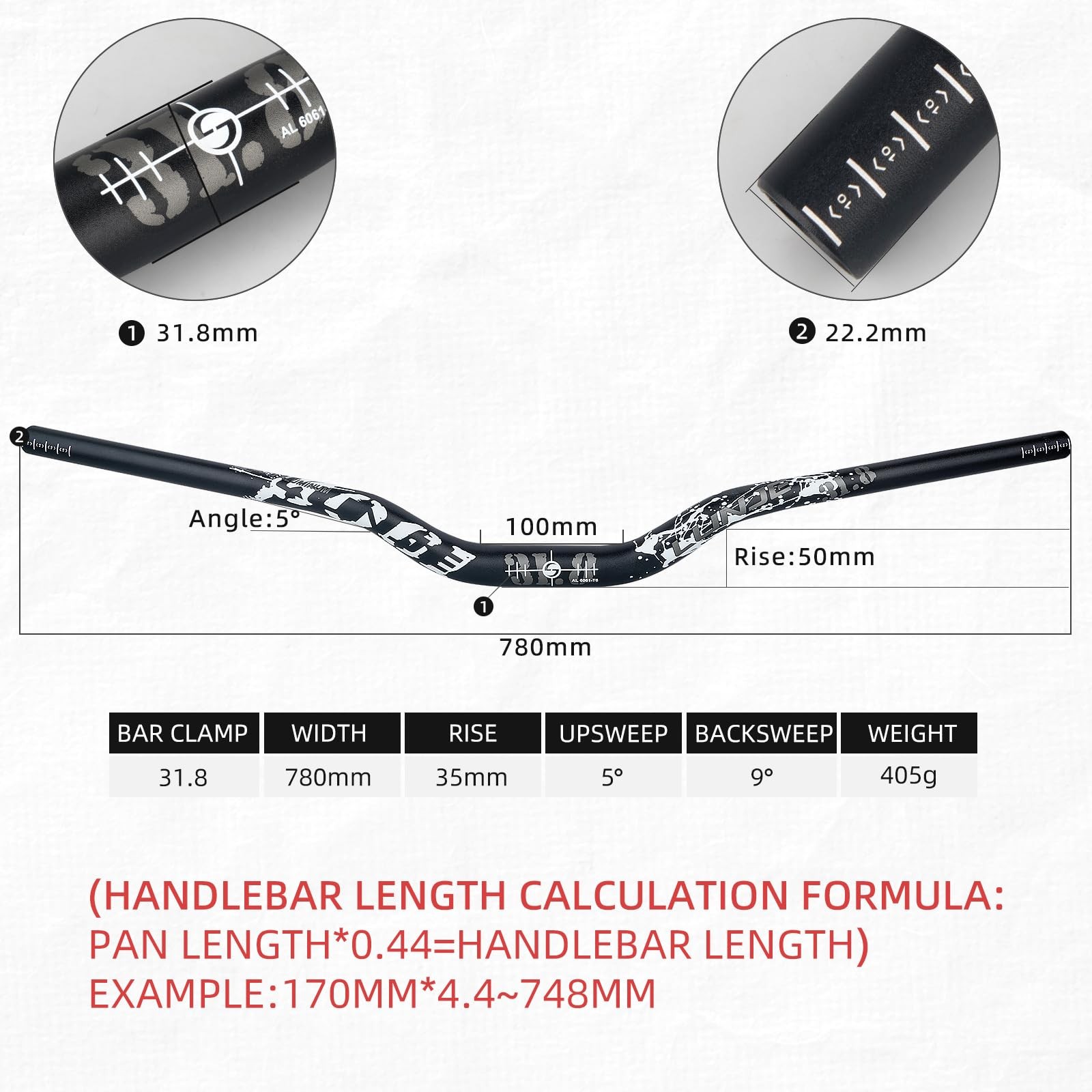 Mountain Bike Handlebar, 31.8mm, 35/50/70/90/120mm Rise Options, 780mm Cutabl…