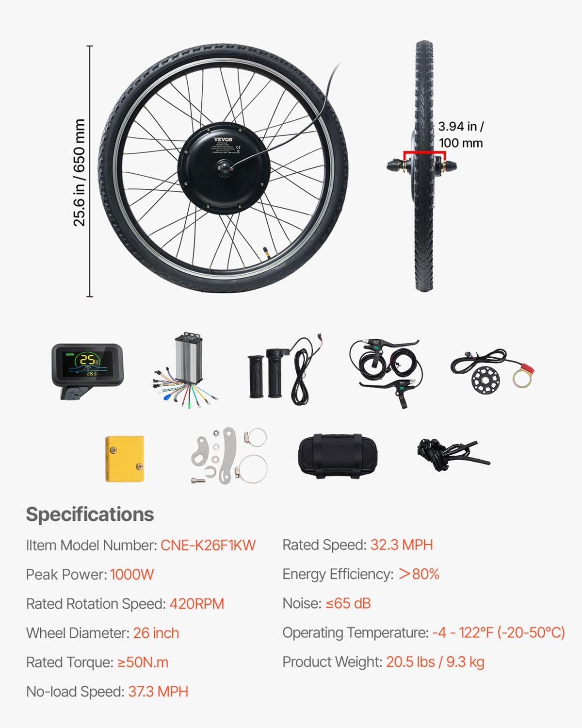 VEVOR 1000W Electric Bike Conversion Kit 48V 420rpm 26″ Front E-Bike Hub Motor
