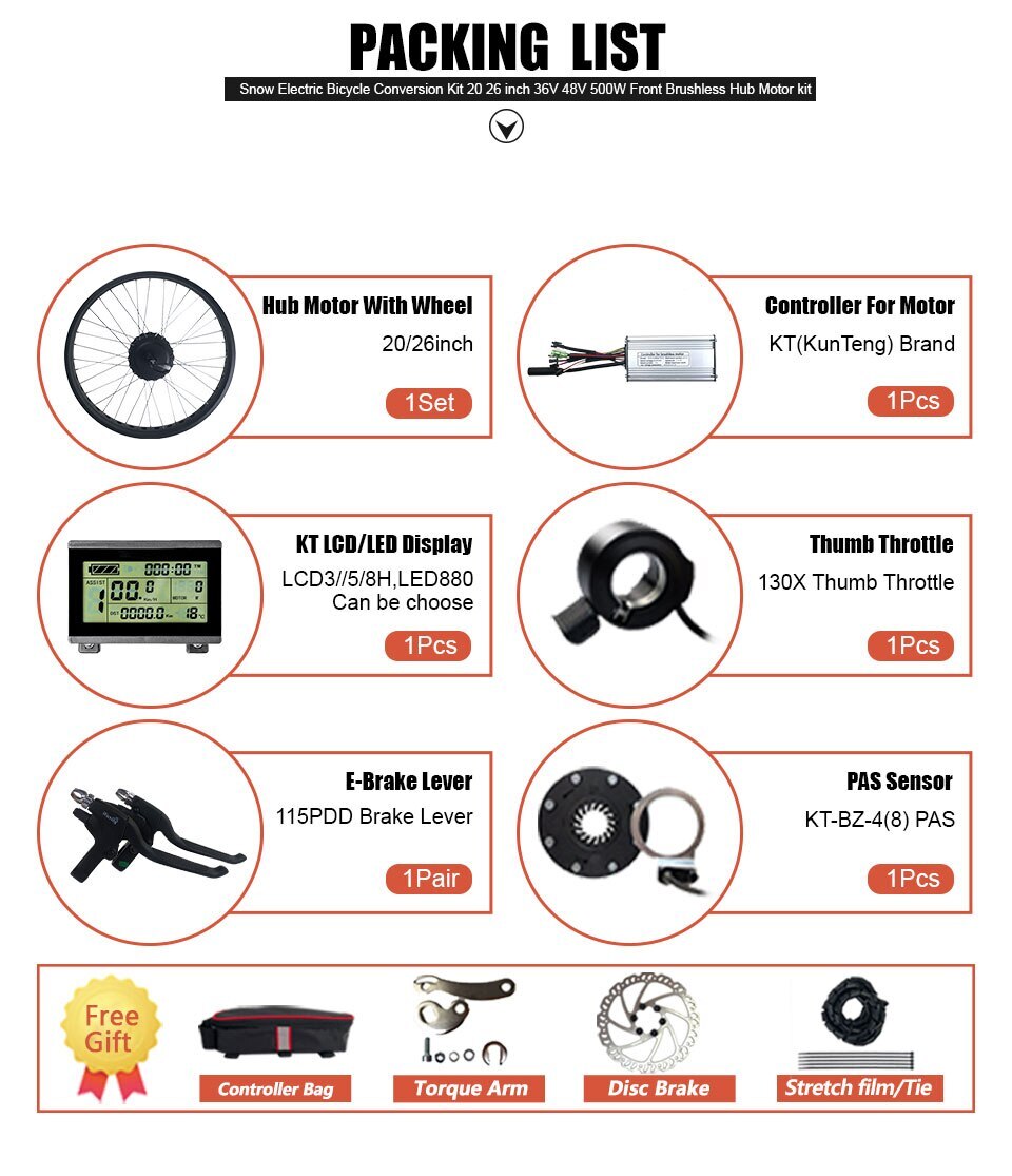 Snow E-bike Conversion Kit 20/26in 36V 48V 500W Rear Cassette Hub Motor Wheel