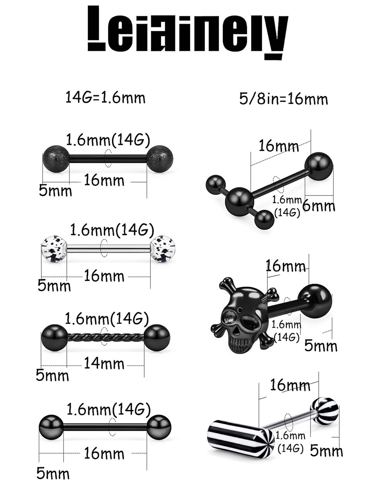 Black 14g Metal Plastic Silicone Tongue Rings Piercing Jewelry for Women Men …