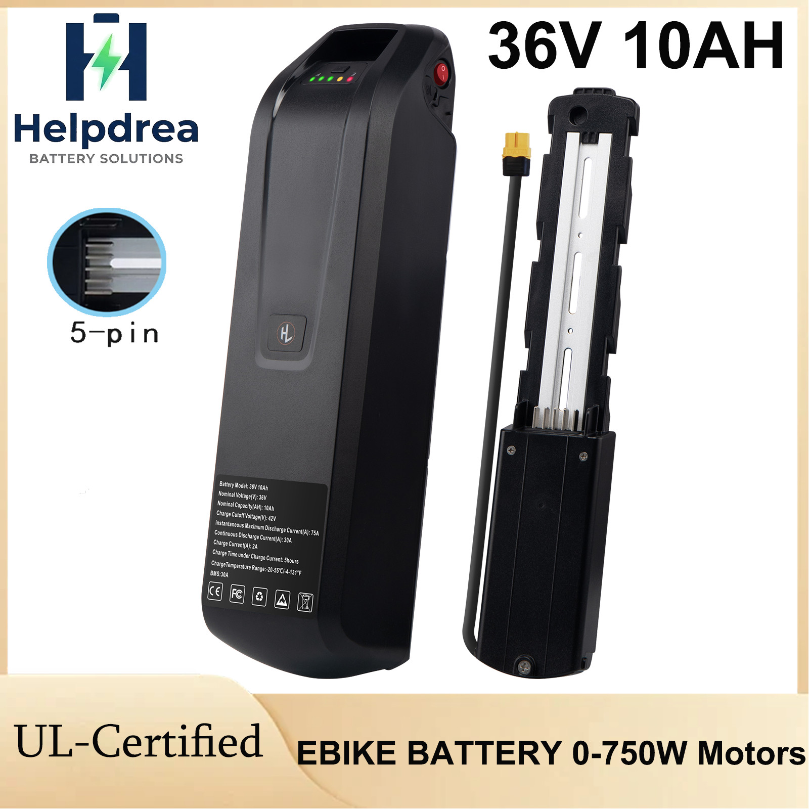 5PIN 36V ebike battery 36V 10Ah lithium Battery W/ USB Port for Bike 750W Motors