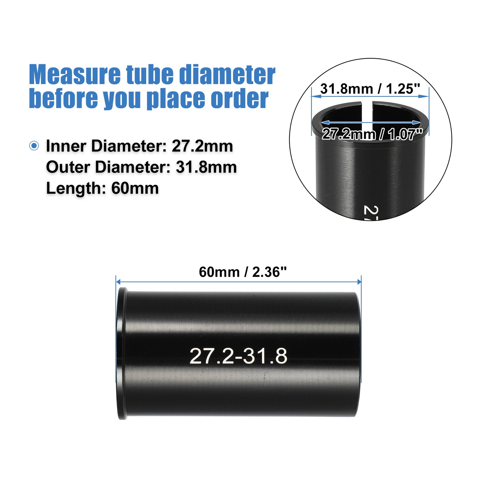 2 Pcs 27.2mm to 31.8mm Bicycle Seat Post Tube Adapter Reducing Sleeve Black