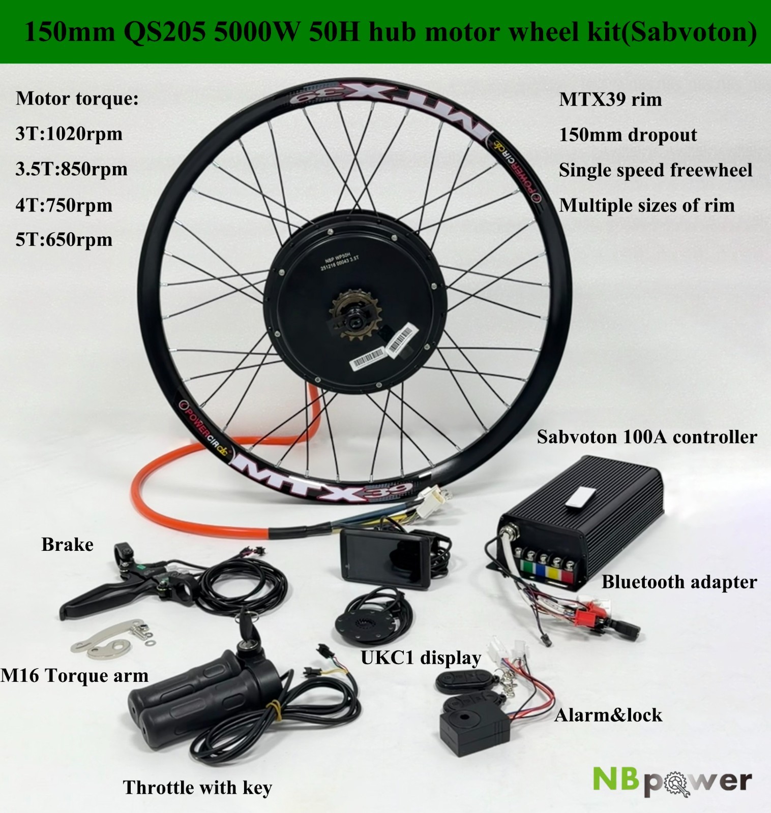 MTX39 rim 150mm QS205 5000W 50H hub motor wheel kit with sabvoton controller.