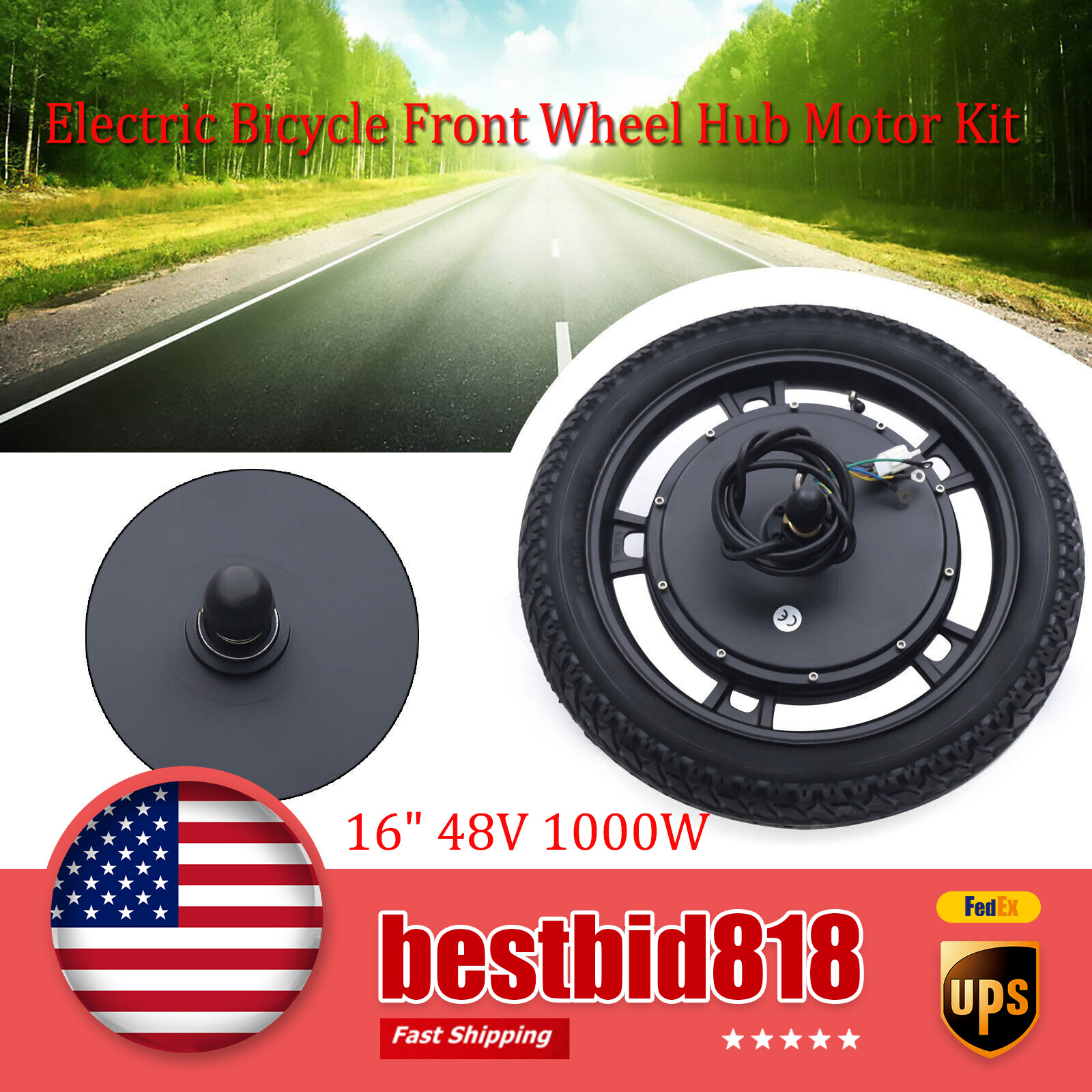 16″ E-Bike Electric Bicycle Front Wheel Hub Motor Kit 48V 1000W Brushless Motor