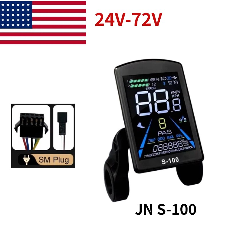 E-Bike JN S100 24V-72V Colour LCD Display Power Speed Meter 5PIN 2PIN SM Plug US