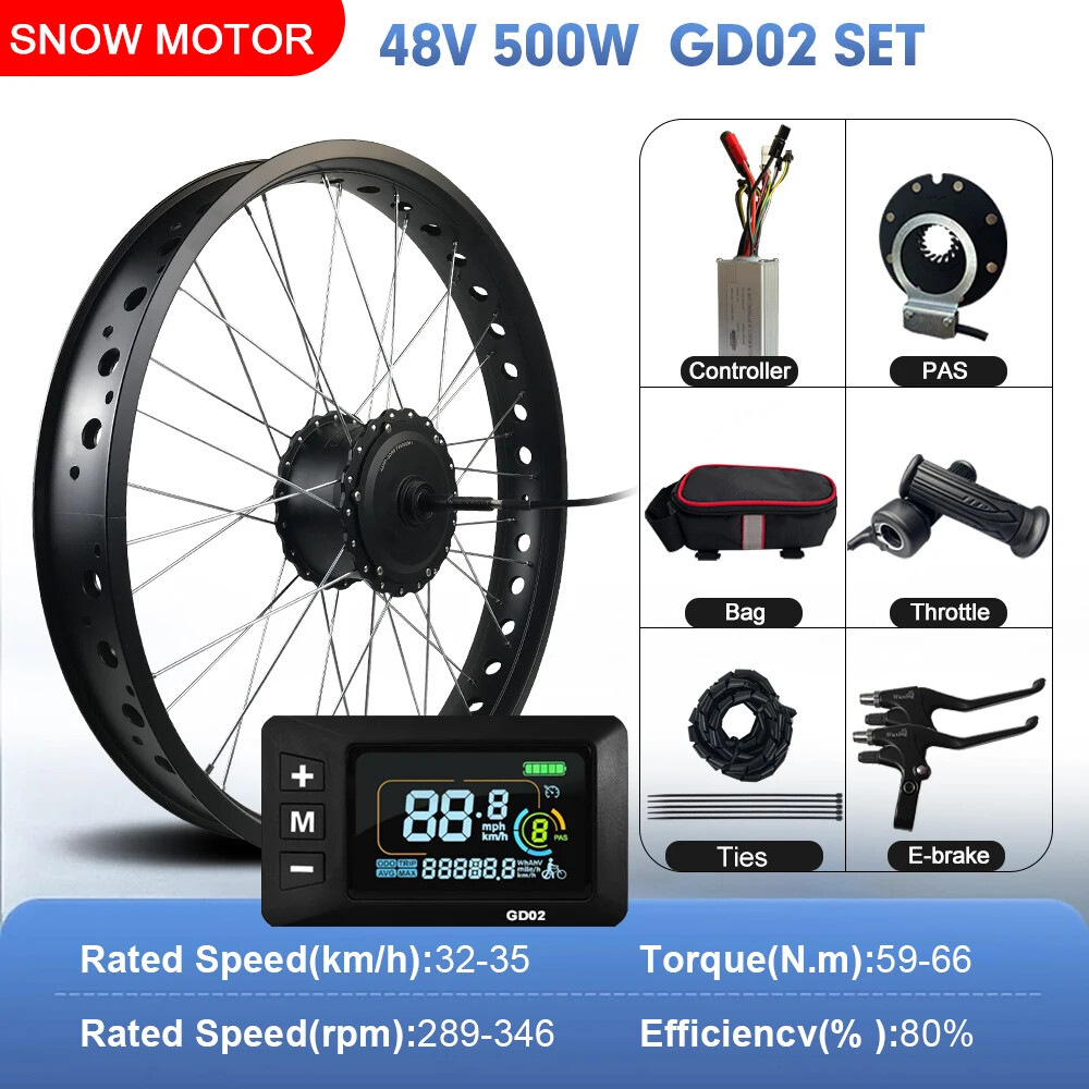 36V 48V 500W Snow Ebike Fat Conversion Kit 20 24 26inch Brushless Rear Hub Motor