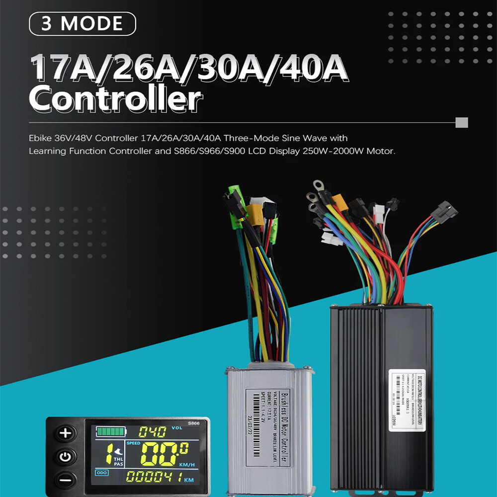 E-bike Three-Mode Sine Wave Controller 24V-48V 17A-40A w/ LCD Display 250W-2000W