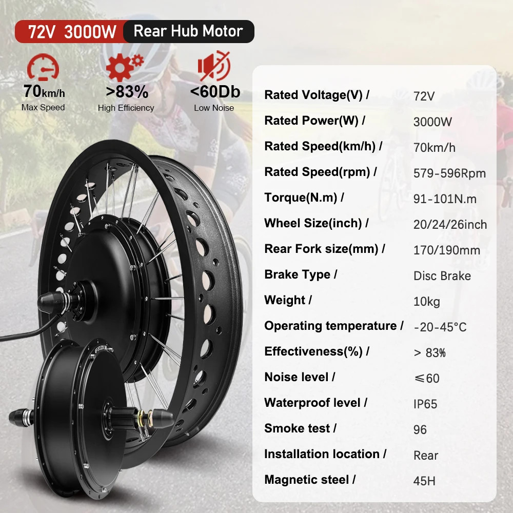 Snow E-bike Fat 72V 3000W Rear Cassette Brushless Hub Motor Wheel 20/24/26inch
