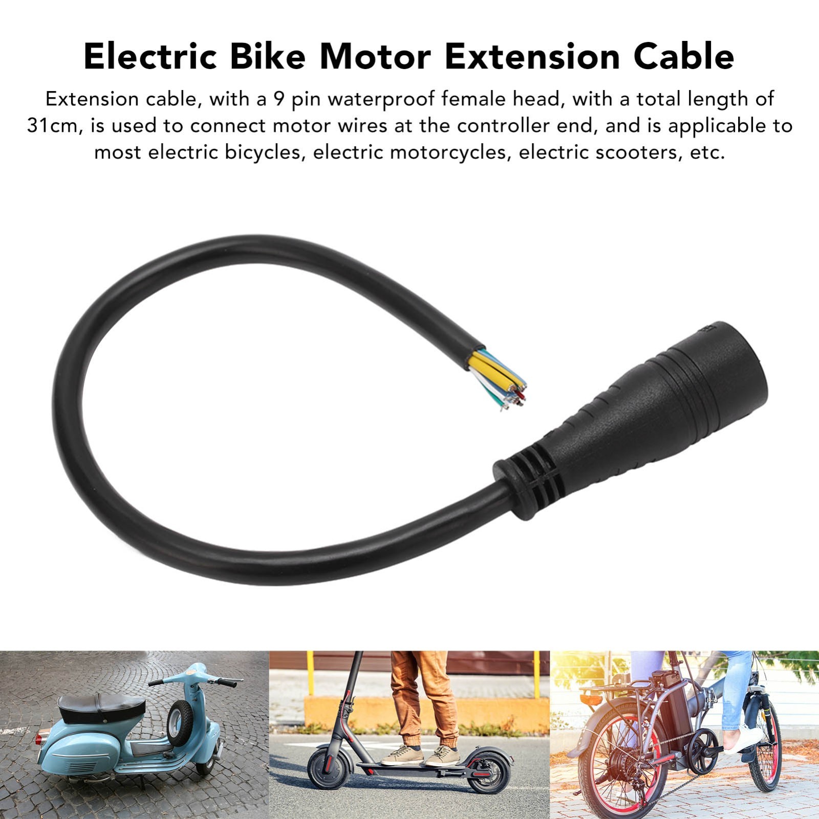 9 Pin 31cm Electric Bike Motor Extension Cable, Waterproof Female Connector