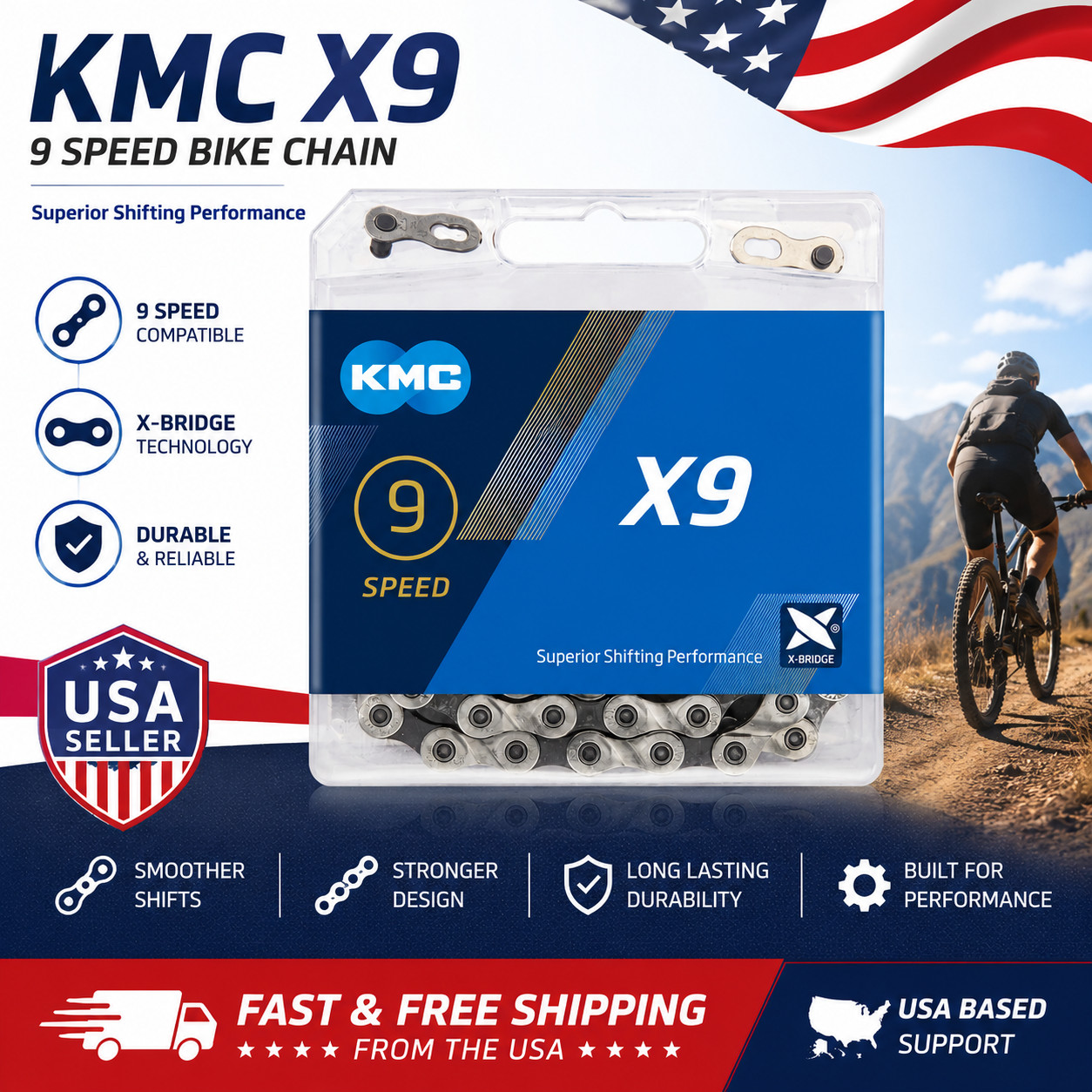 9 Speed Bike Chain 116 Links 1/2” x 11/128” Bicycle Chain KMC X9 Compatible