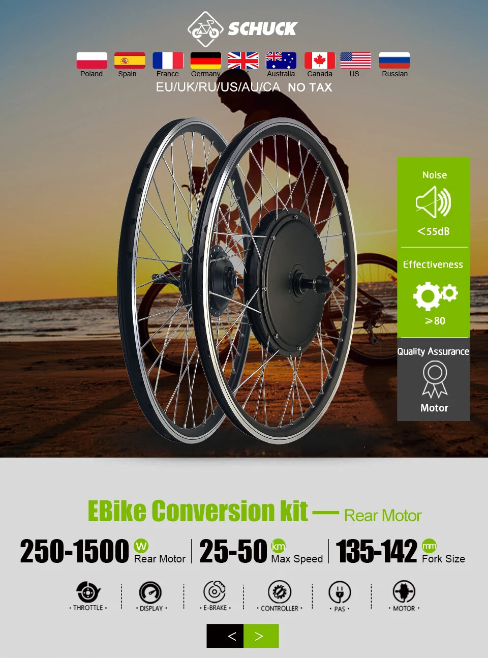 36V 48V 250W 350W 500W 1000W 1500W MTB Front Rear Hub Motor Ebike Conversion Kit