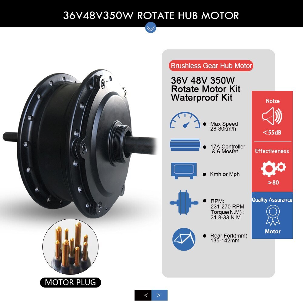 Electric Bike Conversion Kit 36V 48V 350W Rear Rotate Hub Motor Waterproof Plug