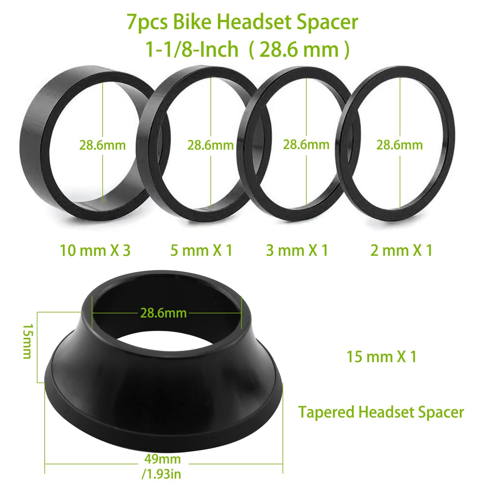 Aluminium Alloy Bike Headset Spacers 1-1/8 Inch for MTB & Road Bikes, 7 Pcs
