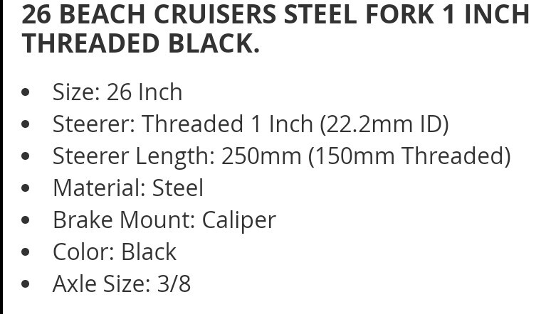 QUALITY BLACK TUBE FORKS FOR 26″ BEACH CRUISERS,9&3/4 HEADTUBE, 6″ OF THREAD