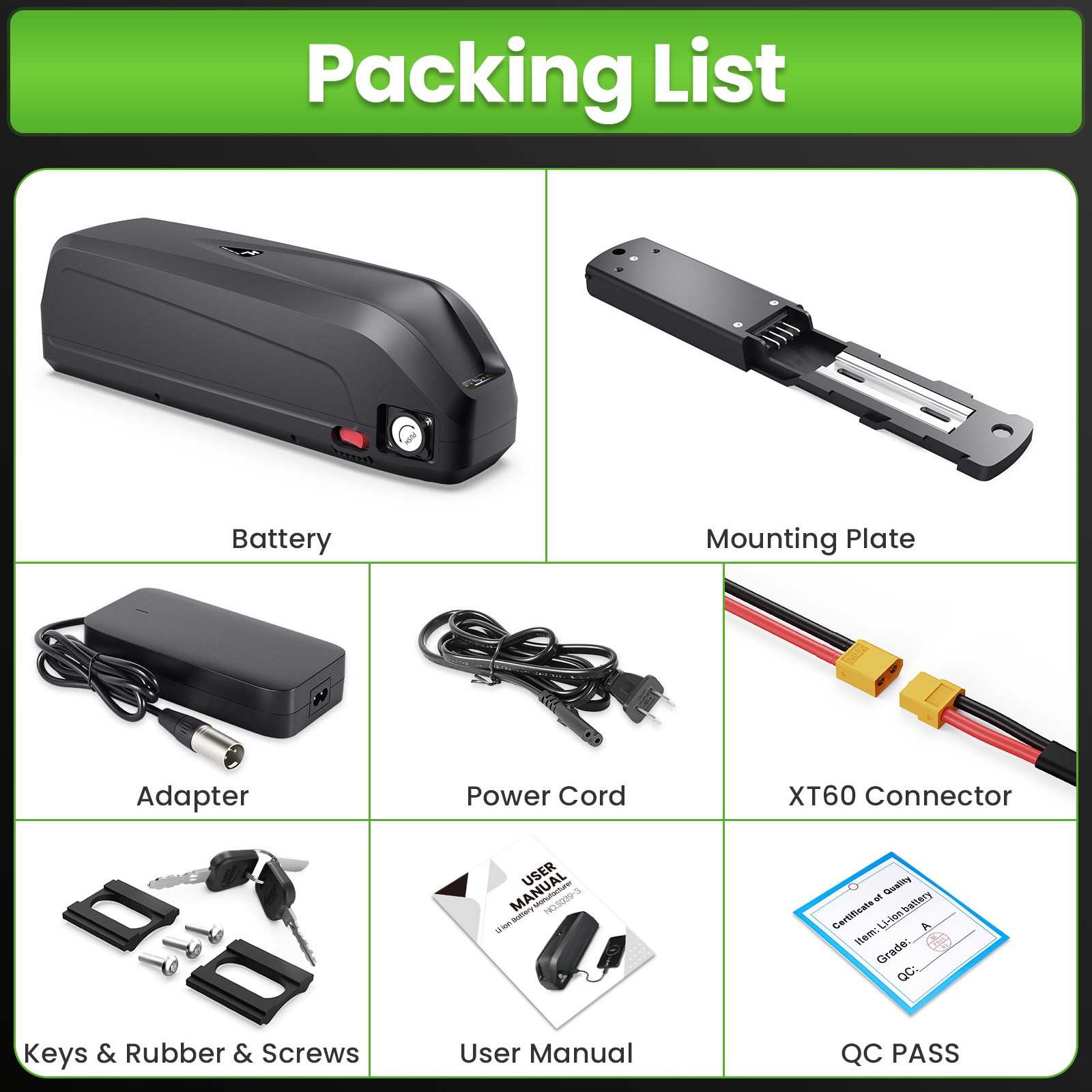 E-bike Lithium battery 36V 48V 52V 20Ah Hailong LG Cells Down Tube 0~2000W Motor