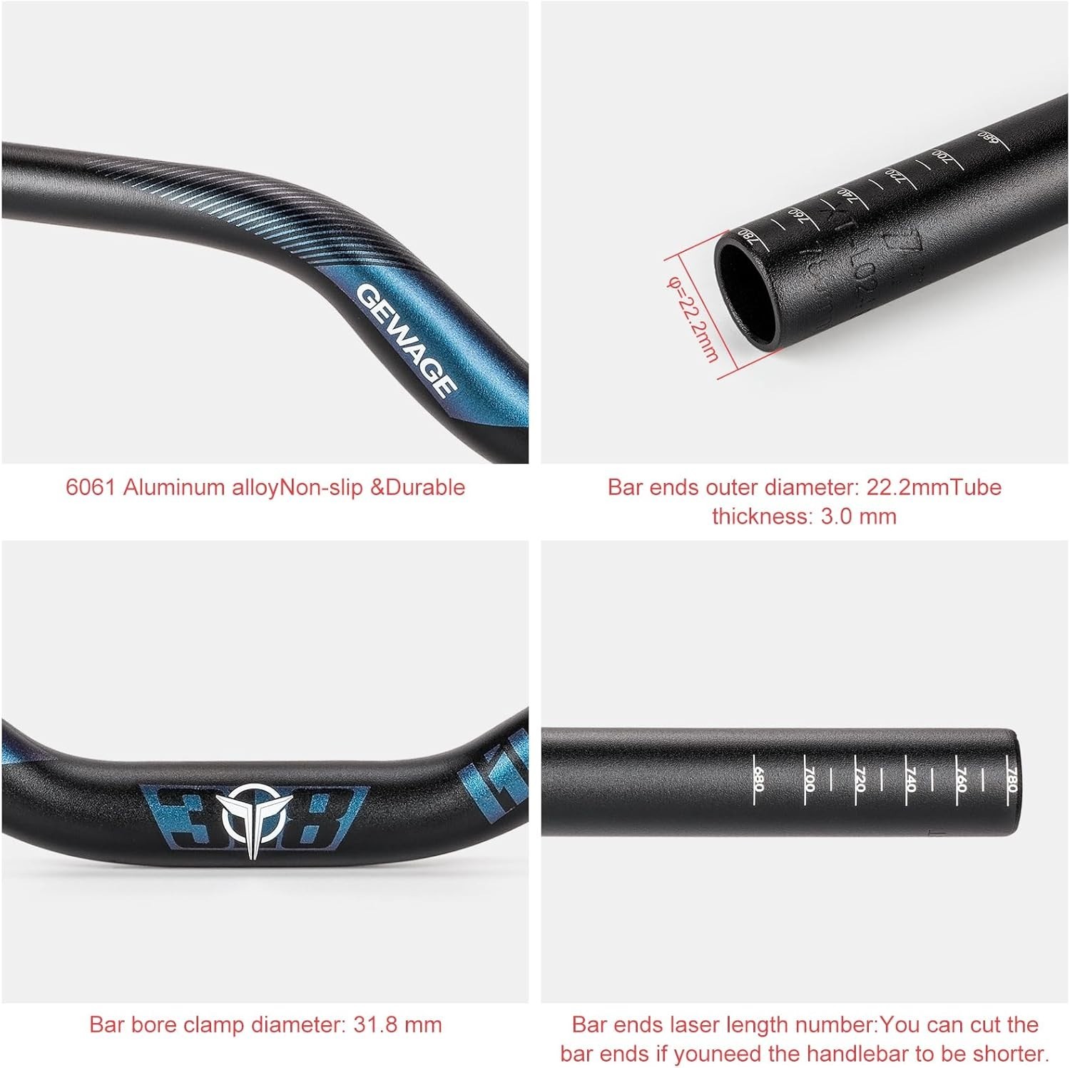 31.8 Bike Handlebar – 25mm, 55mm, 70mm, 90mm,120mm Riser Handlebar – 780mm Al…