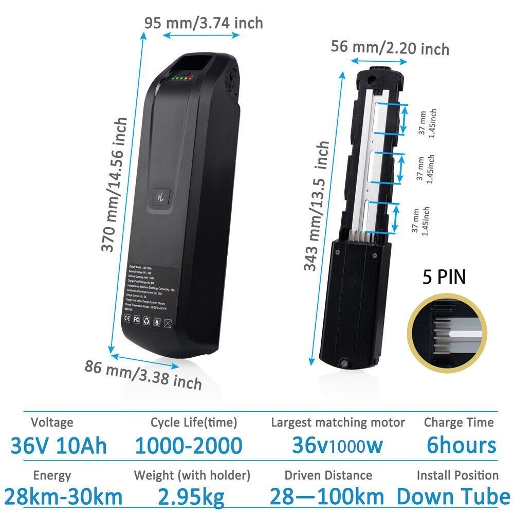 Hailong 36V 10Ah Lithium Ebike Battery For 200-1000W Motor Electric Battery 5Pin