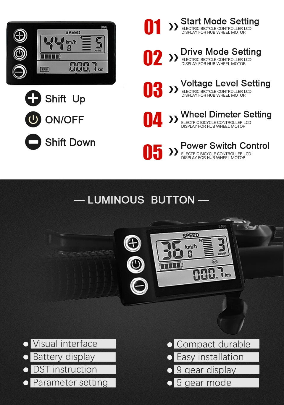 15 35A Electric Bike Sinewave Controller 250-1500W Brushless Motor LCD Display