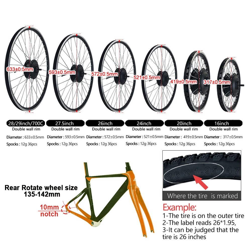 250W-500W E-bike Conversion Kit 36V 48V Rear Rotate Wheel Hub Motor Drop 135mm