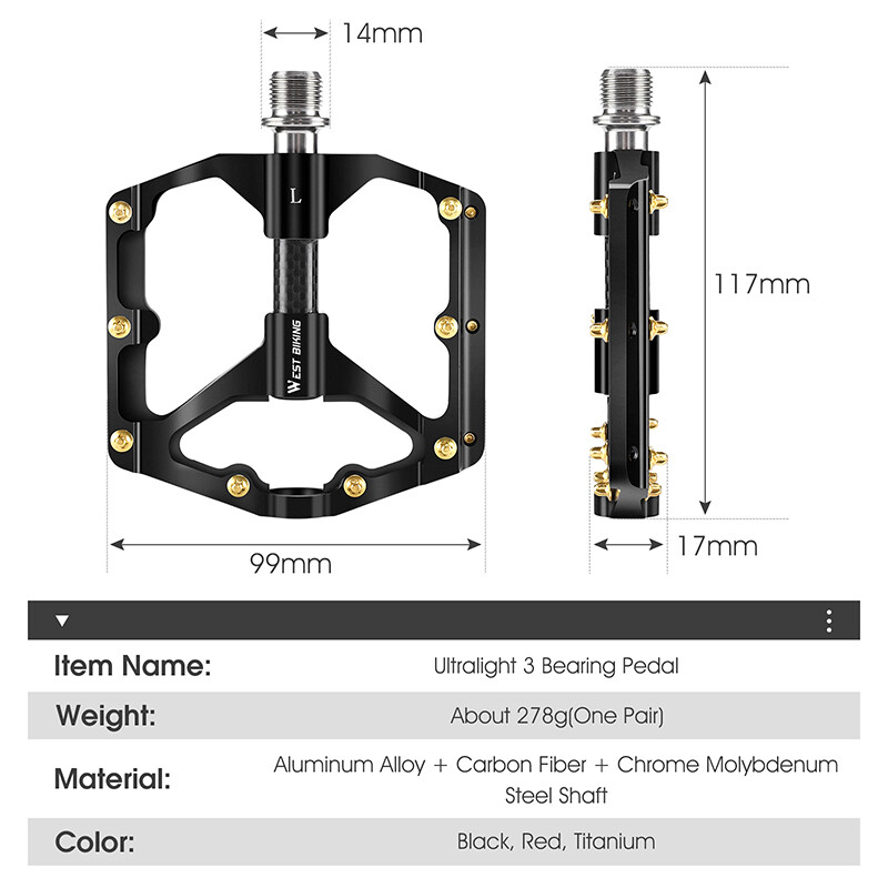WEST BIKING Bicycle Pedals Carbon Fiber Axle 3 Bearing MTB Road Bike Pedals