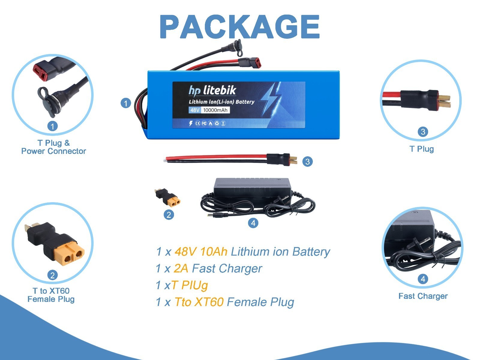 48V 10Ah Bike Lithium Battery w/ XT60 Plug 30A BMS Electric Bicycle 750W Motors