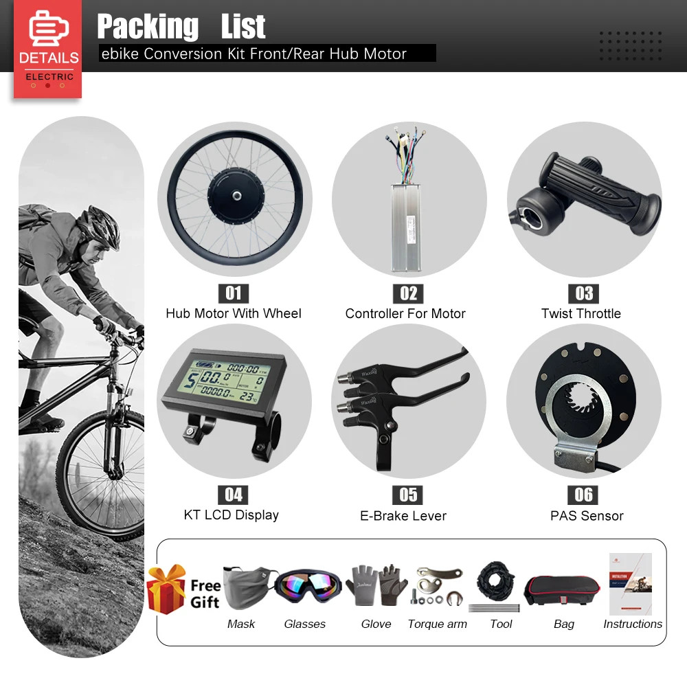 Mountain Electric Bike Conversion Kit 48V 2000W Brushless Rear Hub Motor Wheel