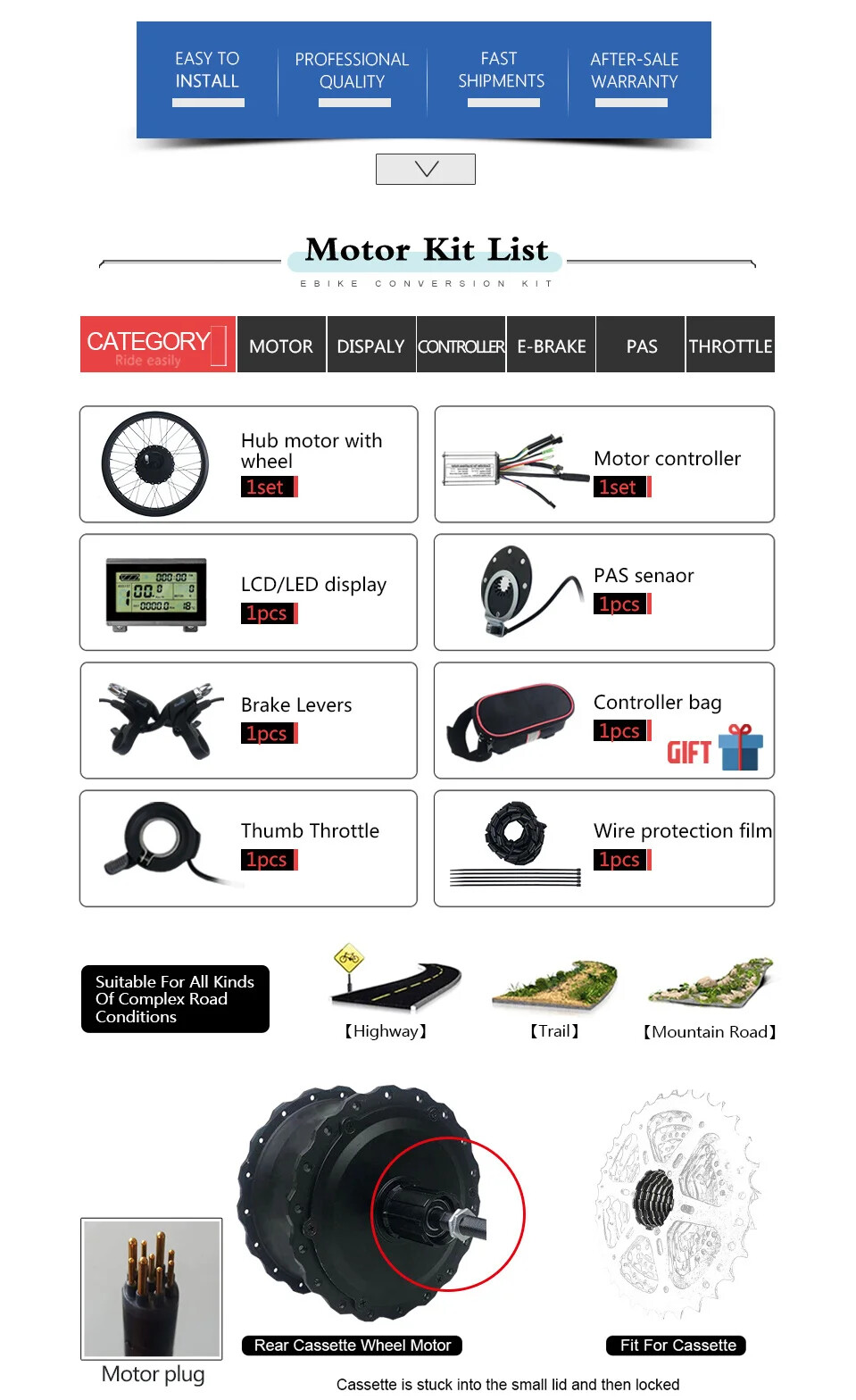 Snow E-bike Conversion Kit 36V 48V 500W Rear Cassette Hub Motor Wheel 20/26er