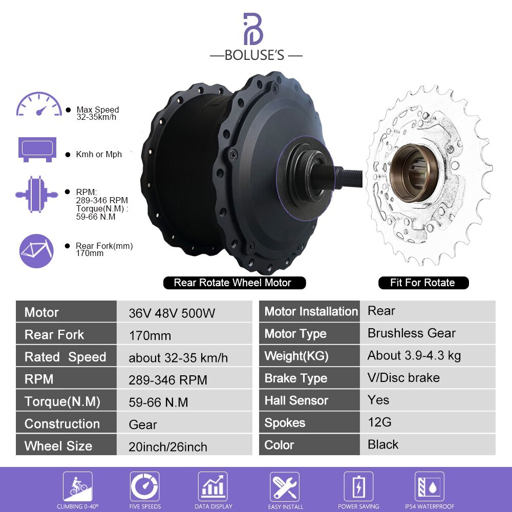 Snow Electric Bike 36V 48V 500W Front Rear Brushless Motor for 20 26inch 4.0Tire