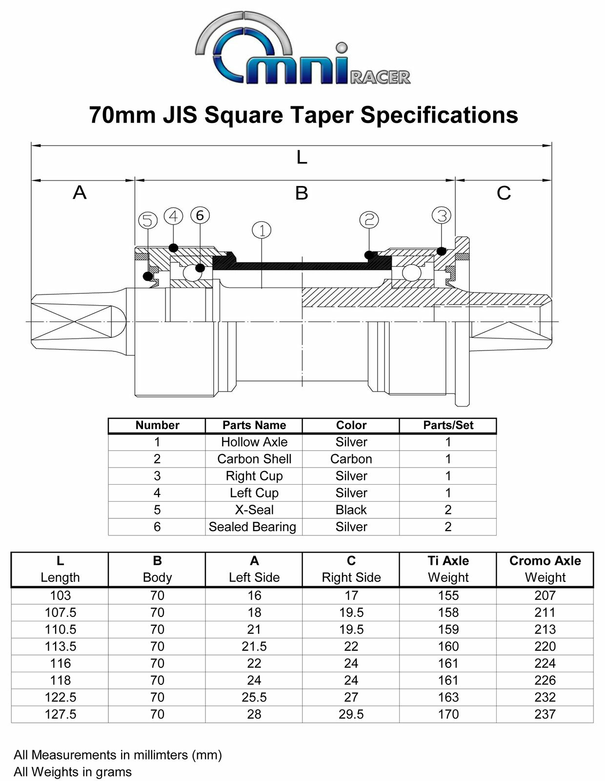 OMNI Racer Cromoly Steel JIS Square Taper Bottom Bracket: 103-127mm Lengths