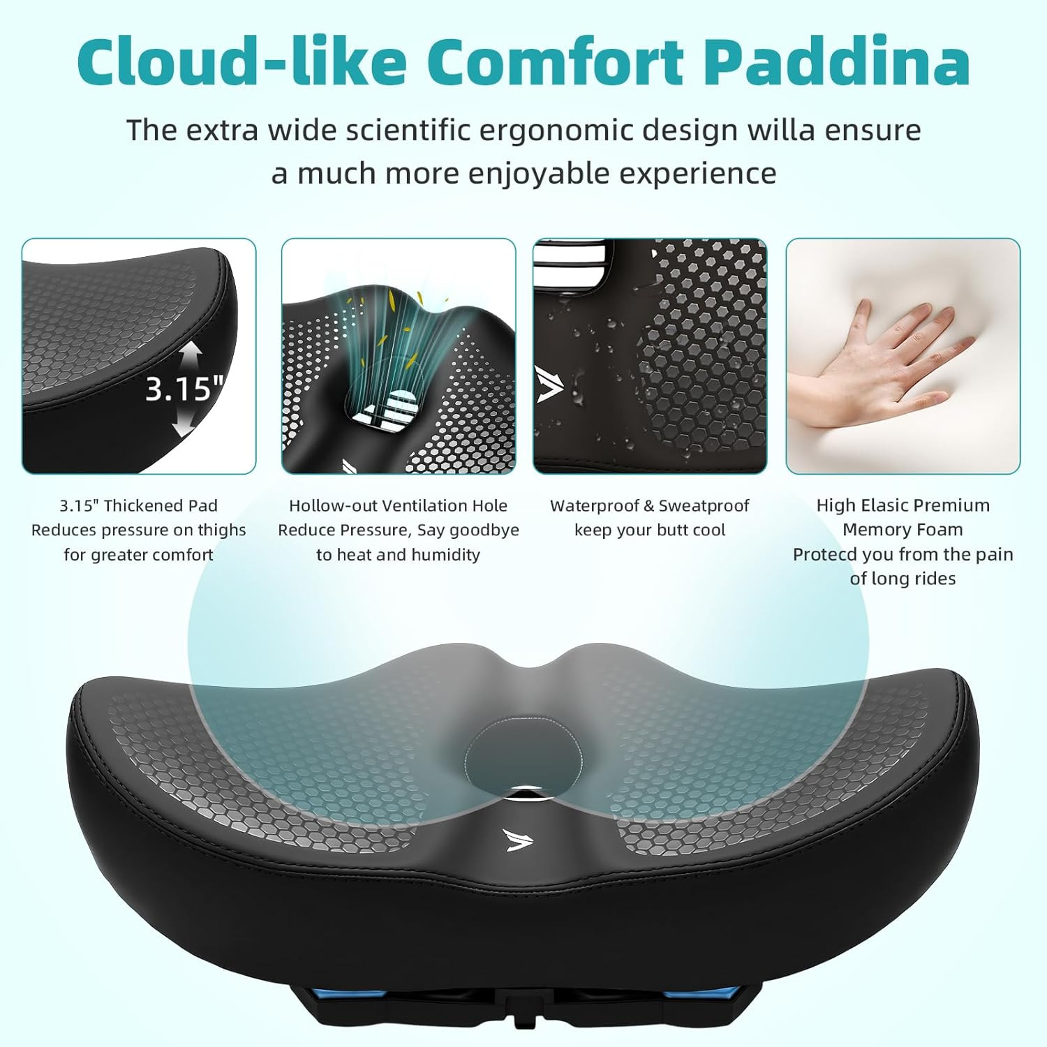 Extra Wide Noseless Bike Seat Cushion for Men Women Memory Foam Filling Large Bi