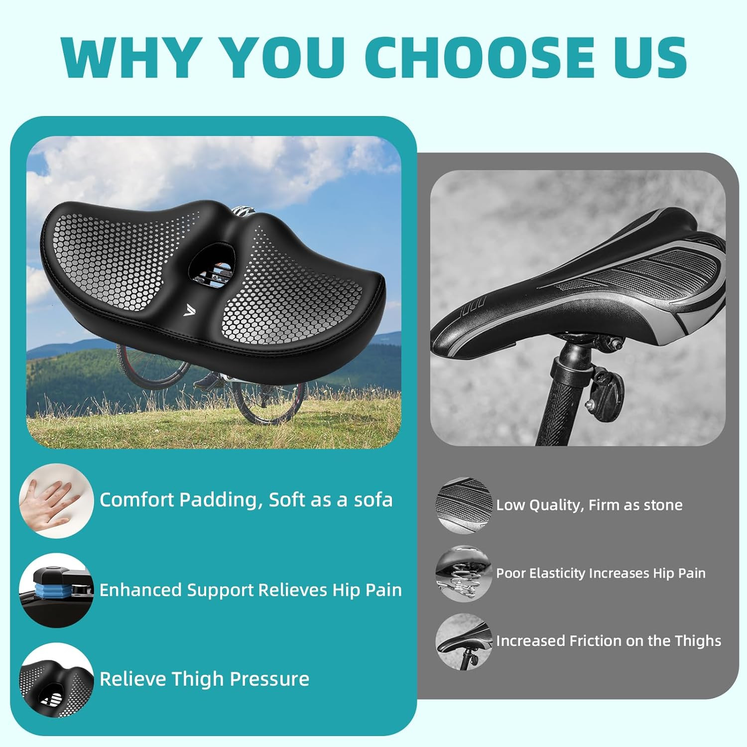 Extra Wide Noseless Bike Seat Cushion for Men Women Memory Foam Filling Large Bi