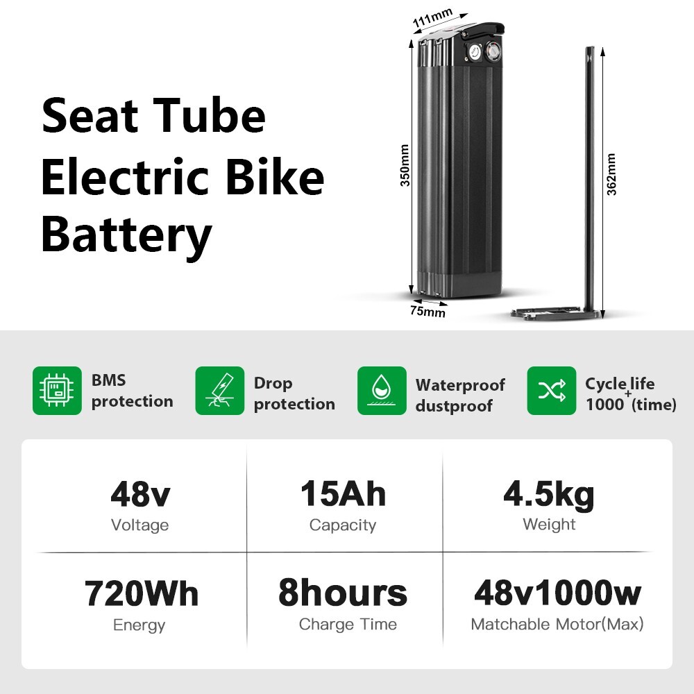 48V 15Ah Black Silverfish Ebike Battery 1000W Electric Bike Lithium Battery