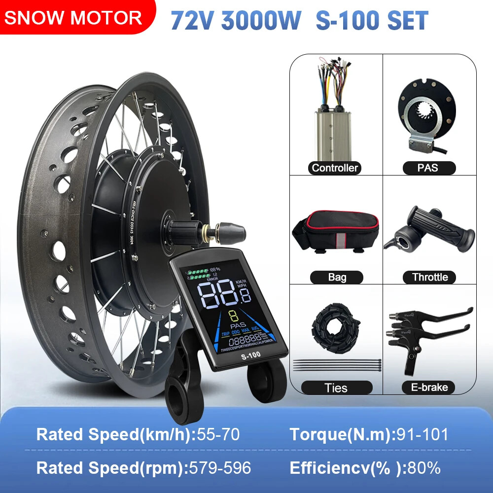 72V 3000W Snow Electric Bicycle 20 24 26inch Fat Tire Brushless Rear Hub Motor