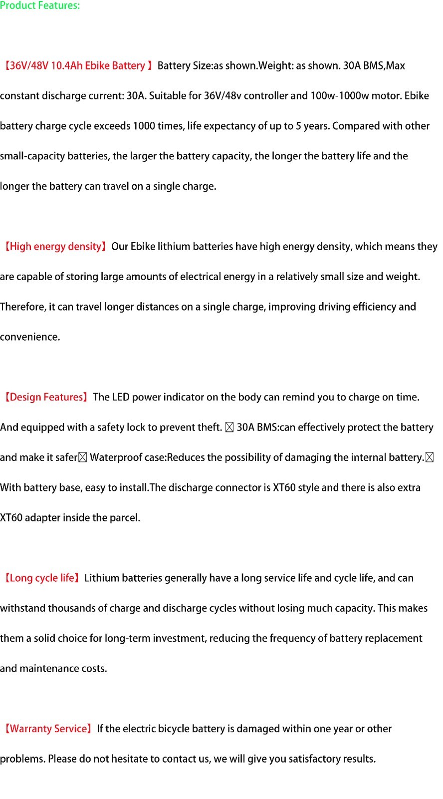 Lithium Ebike Battery 48V 36V 10.4Ah 200W-1500W Electric Bike Bicycle 30A BMS US