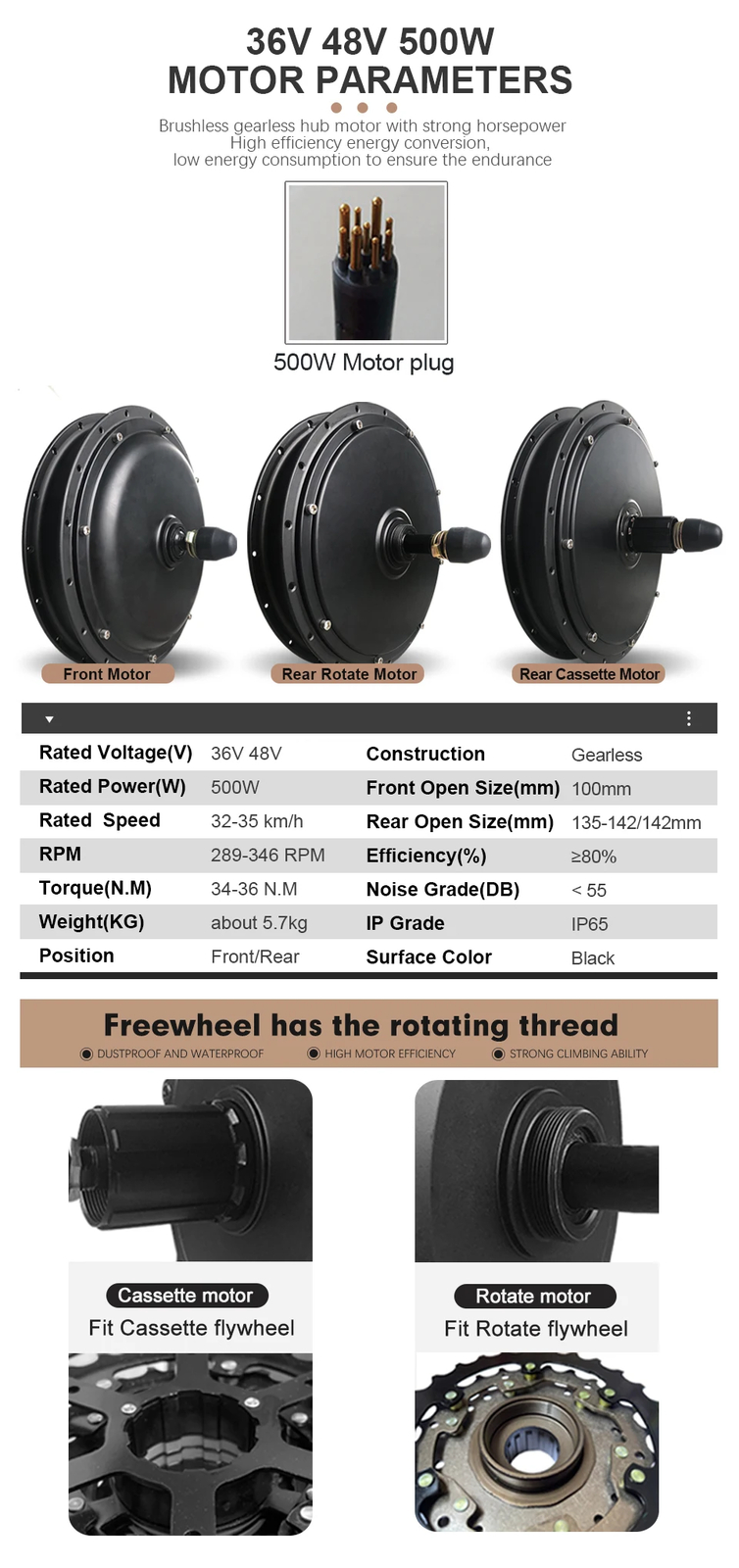 20-29 Inch 700C Electric Bike 36/48V 500W Brushless Front Rear Wheel Hub Motor