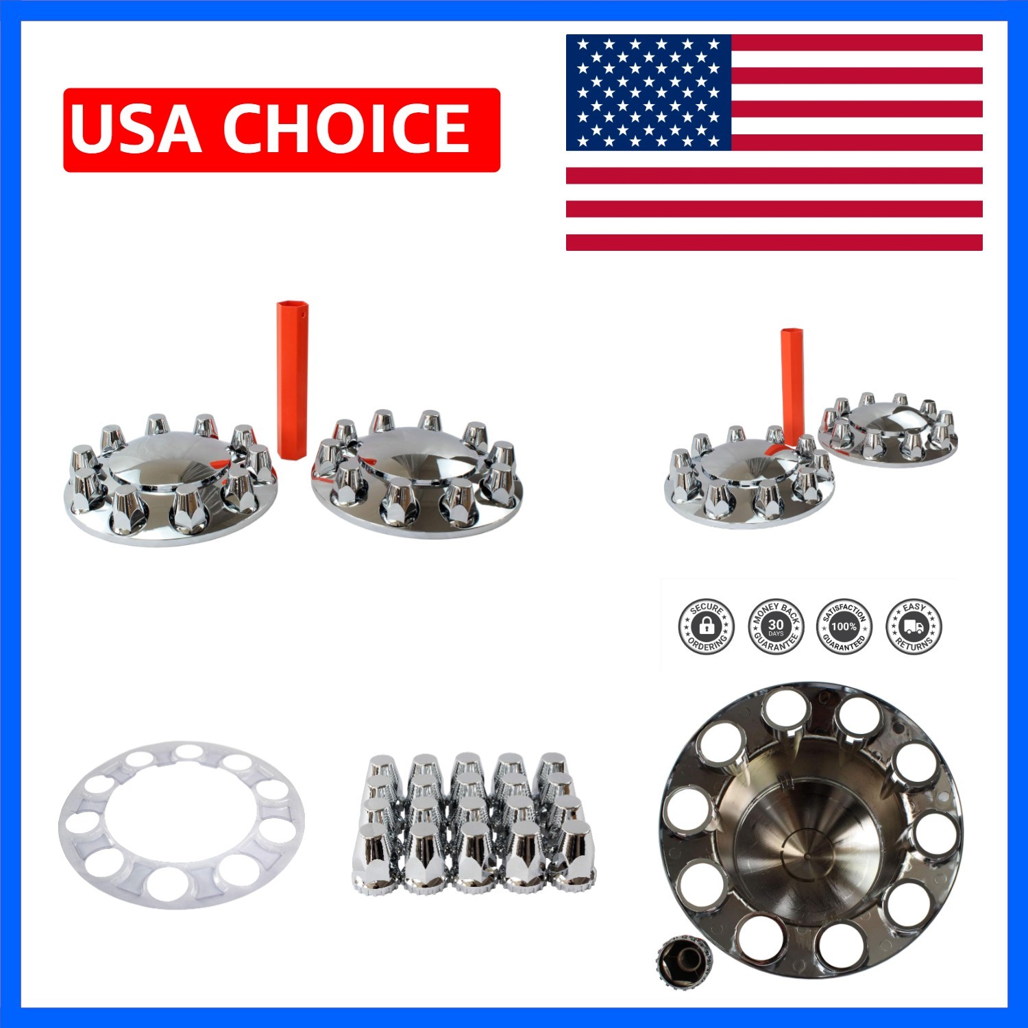 Chrome ABS Complete Axle Cover Set with Standard Hub Caps and 33mm Screw-On L…