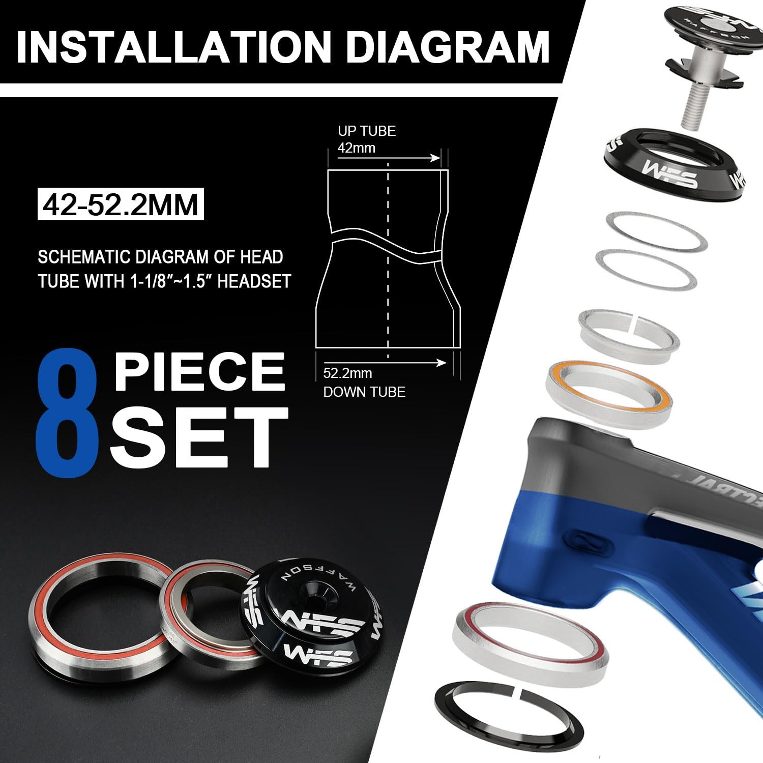 HY638 1-1/8″ to 1-1/2″ Tapered Integrated Headset Set for 42 to 52.2mm Tapere…