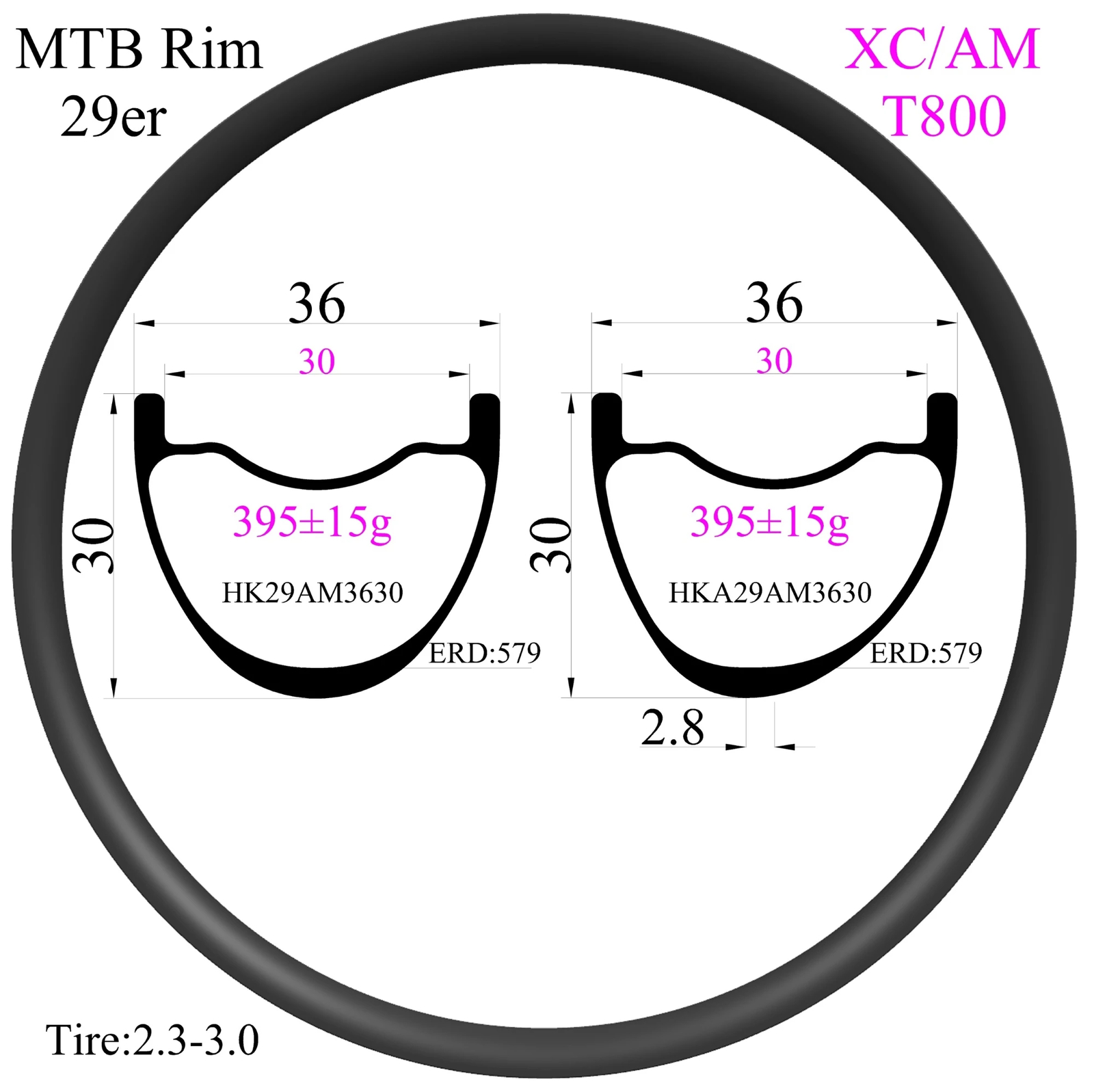 Superlight 29er Carbon XC MTB Bicycle Rim 36mm Width 30mm High Hookless Tubeless